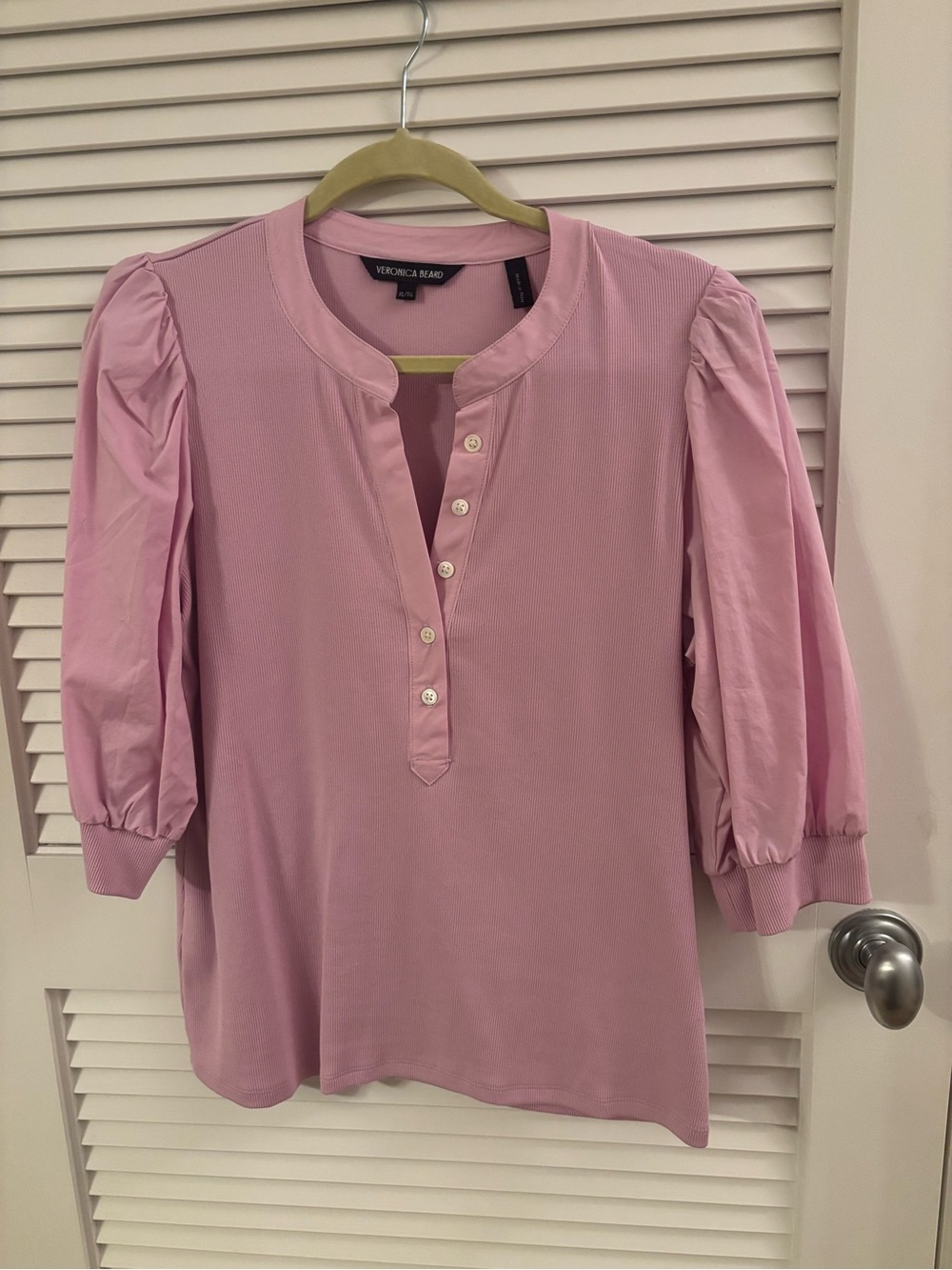 Veronica Beard Light Pink Puff Sleeve Button Placket Top